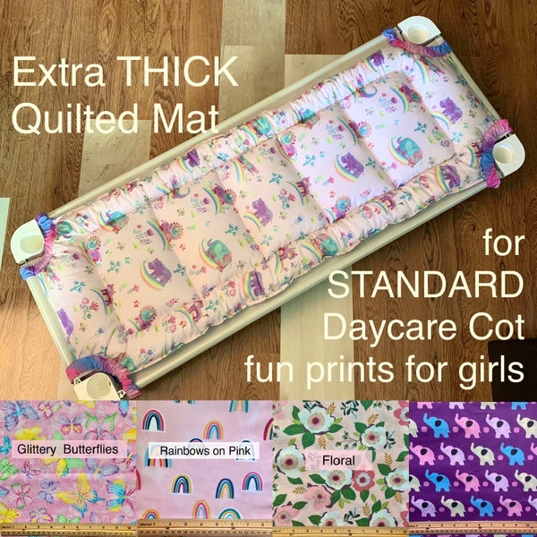 51”x 20” Cot Mat for STANDARD (50”- 55” long) Daycare Sleeping Cots; fun prints for girls; cotton, quilted, personalized