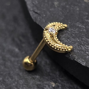 16g Gold Moon White CZ Gem Surgical Steel Cartilage Helix Tragus Conch Ball Back Piercing