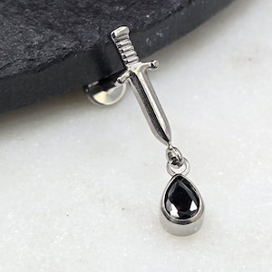 16g ASTM F136 Grade 23 Titanium Interne Draad Zwaard Dolk Zwart CZ Tear Drop Gem Tragus Helix Conch Kraakbeen Oorbel Labret Barbell