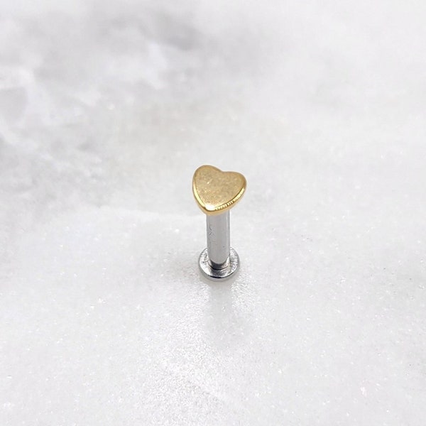14g Internal Thread Gold Heart Solid Polished 316L Surgical Steel Small Bottom Disc Tragus Helix Conch Cartilage Earring Labret Barbell