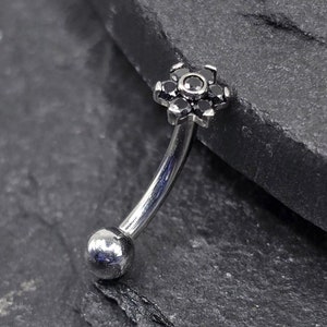 16g Titanium Implant Grade ASTM F136 Curved Barbells With Internally Threaded Black CZ Flower | Rook Eyebrow Piercing