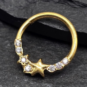 16g Gold 316L Surgical Steel Stars White CZ Gold Implant Grade Hinged Segment Clicker Septum Helix Piercing Daith Hoop Ring