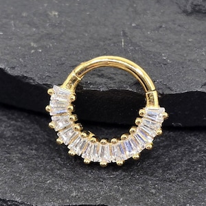 16g CZ Fan Gold PVD Plated Hinged Segment Clicker Piercing Jewelry Ring Hoop Septum Daith Helix Cartilage Solid 316L Surgical Steel