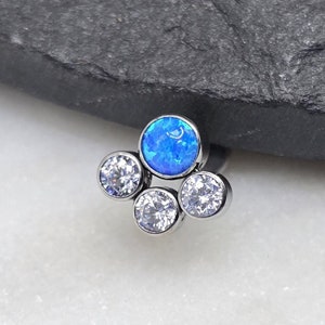 Titânio ASTM F136 Sem Rosca Azul Opala CZ Gems Top Piercing Jóias Conch Cartilagem Plana Hélice Labret Monroe
