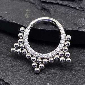 16g 8mm CZ Lined Beaded 316L Surgical Steel Hinged Segment Septum Helix Piercing Cartilage Daith Hoop Piercing Ring