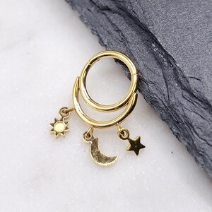 16g 8mm Dangling Moon Star Sun Hinged Segment Clicker Piercing Hoop Ring Solid 316L Surgical Steel Gold PVD Plate