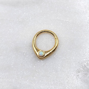 16g 8mm V Opal Hinged Segment Clicker Piercing Hoop Ring Solid 316L Surgical Steel Gold PVD Plate Daith Septum Cartilage Helix