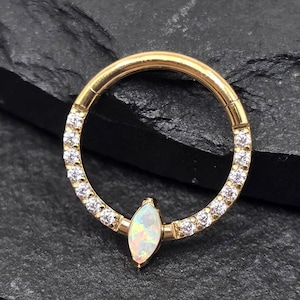 16g Titanium ASTM F136 Marquise Implant Grade Opal Hinged Segment Septum Helix Piercing Cartilage Daith Hoop Piercing Ring