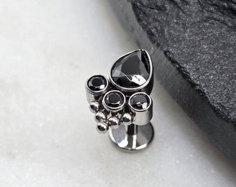 Titanium ASTM F136 Royal CZ Jett Black CZ Gem Cluster Threadless Top Labret Barbell Piercing Conch Flat Cartilage Helix Labret Monroe