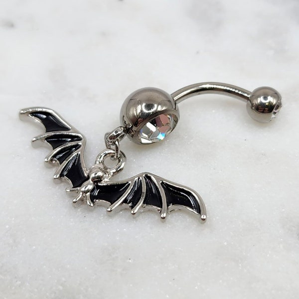 Titanium ASTM F136 14g Dangling Bat External Threads Gems Belly Button Navel Piercing Ring