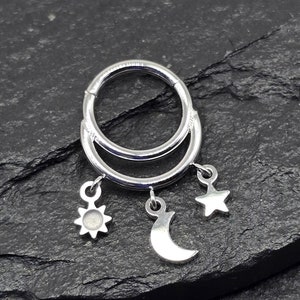 Anel de piercing com dobradiça de 16g e 8 mm, lua, estrela, sol, argola, aço cirúrgico sólido 316L