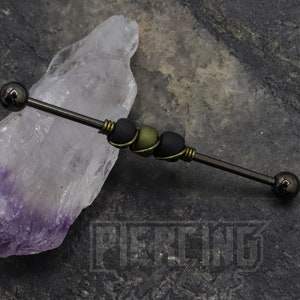 14g 16g Matte Olive Black Glass Black Plated Industrial Barbell Scaffold Piercing Jewelry 32mm, 35mm, or 38mm 1.6mm