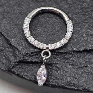 16g Titanium ASTM F136 CZ Lined Gems Marquise Dangle Implant Grade Hinged Segment Septum Helix Piercing Cartilage Daith Hoop Piercing Ring