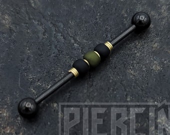 14g 16g Matte Olive Black Glass Black Plated Industrial Barbell Scaffold Piercing Jewelry 32mm, 35mm, or 38mm 1.6mm