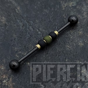 14g 16g Matte Olive Black Glass Black Plated Industrial Barbell Scaffold Piercing Jewelry 32mm, 35mm, or 38mm 1.6mm