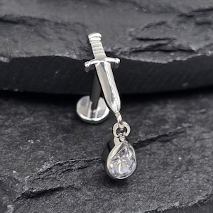 16g ASTM F136 Grade 23 Titanium Internal Thread Sword Dagger CZ Tear Drop Gem Blood Tragus Helix Conch Cartilage Earring Labret Barbell