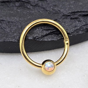 16 g, opale blanche, 18 g, acier chirurgical 316L poli, plaque PVD or, segment articulé, septum Helix, piercing Cartilage, anneaux Daith