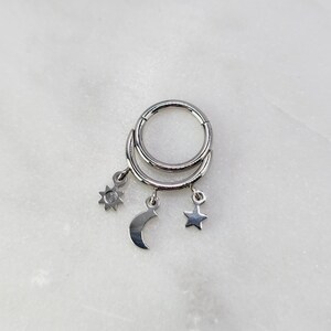 16g 8mm Dangling Moon Star Sun Hinged Segment Clicker Piercing Hoop Ring Solid 316L Surgical Steel