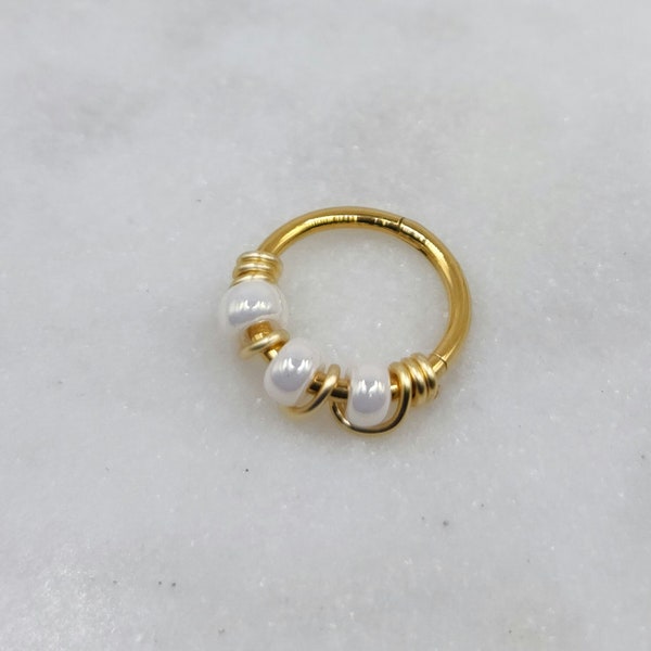 18g 20g Pearl Glass Hinged Segment Clicker Gold PVD 316L Surgical Steel Three Beads Nose Piercing Helix Cartilage Hoop Ring