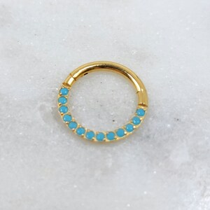 16g Polished Turquoise Stone Gold PVD Plated Hinged Segment Clicker Piercing Hoop Ring Solid 316L Surgical Steel Septum Daith Cartilage