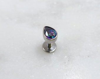 Dark Vitrail AB CZ Titanium ASTM F136 Teardrop Threadless Top Labret Barbell Conch Flat Cartilage Helix Philtrum Monroe Tragus