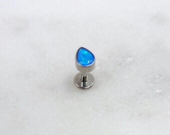 Blue Opal Titanium ASTM F136 Teardrop Threadless Top Labret Barbell Piercing Conch Flat Cartilage Helix Philtrum Monroe Tragus