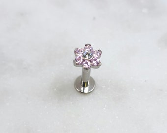 Titanium ASTM F136 Threadless Pink CZ Gem Flower Top Piercing Jewelry Conch Flat Cartilage Helix Labret Monroe