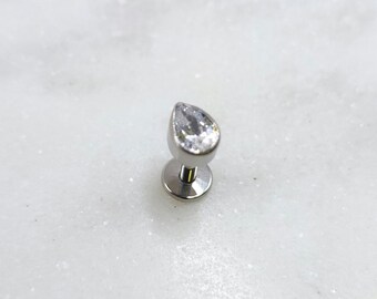 White CZ Titanium ASTM F136 Teardrop Threadless Top Labret Barbell Conch Flat Cartilage Helix Philtrum Monroe Tragus