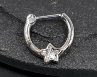 16g Paved Star CZ Solid 316L Surgical Steel Hinged Segment Clicker Hoop Septum Daith Helix Cartilage Piercing