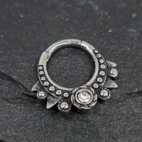 16g Solid 316L Surgical Steel Hinged Segment Clicker Tribal Spike CZ Gem Helix Cartilage Septum Daith Piercing Hoop Ring