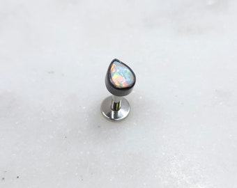 White Opal Titanium Black PVD ASTM F136 Teardrop Threadless Top Labret Barbell Piercing Conch Flat Cartilage Helix Philtrum Monroe Tragus