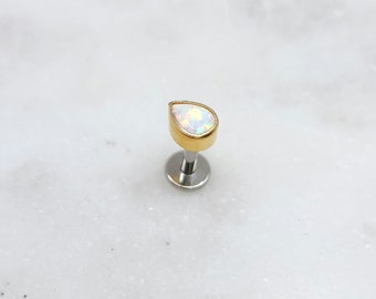 White Opal Titanium Gold PVD Plated ASTM F136 Teardrop Threadless Top Labret Barbell Conch Flat Cartilage Helix Philtrum Monroe Tragus