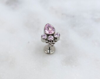 Titanium ASTM F136 Royal CZ Pink Cluster Threadless Top Labret Barbell Piercing Conch Flat Cartilage Helix Labret Monroe