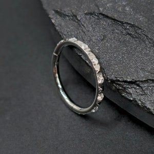16g Titanium Side Mini White CZ Gems & Pyramid Stud Hinged Segment Septum Helix Piercing Cartilage Daith Hoop Ring