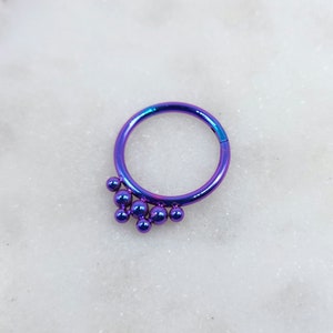 16g Titanium ASTM F136 Beaded Anodized Purple Blue Blurple Hand Polished Hinged Segment Clicker Hoop Septum Daith Helix Cartilage Piercing
