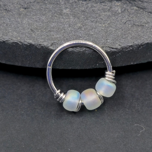 18g 20g 8mm 10mm Gray AB Beaded Glass Hinged Cut Ring Beaded Wire Wrapped Handmade Segment Hoop Rings Nose Earring Lobe Piercing 5/16"