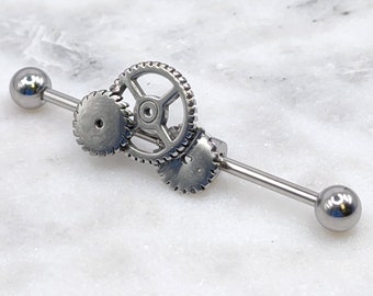 14g 16g Large Gears Charm Industrial Scaffold Piercing Barbell 316L Surgical Steel External Thread