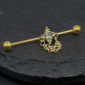 14g 16g Vintage Deco Gem Industrial Barbell Piercing 32mm 35mm 38mm External Thread Gold PVD Plated 316l Surgical Steel