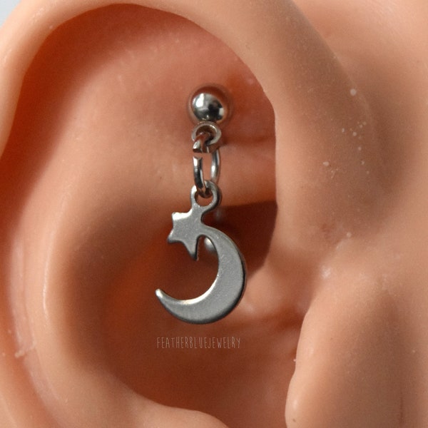 100% Steel Moon Star 16g (1.2mm) 1/4" (6mm) 5/16" (8mm) or 3/8" (10mm) Rook Eyebrow Piercing Curved Banana Barbell Body Jewelry