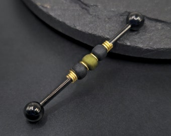 14g 16g Matte Olive Black Glass Black Plated Industrial Barbell Scaffold Piercing Jewelry 32mm, 35mm, or 38mm 1.6mm
