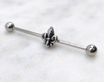 14g 16g Fleur De Lis Charm Industrial Scaffold Piercing Barbell 316L Surgical Steel External Thread