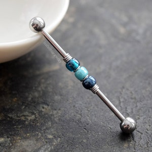 14g 16g Blues Beaded Wrapped Industrial Barbell Scaffold Cartilage Piercing Jewelry (32mm, 35mm, or 38mm!)