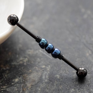 14g 16g Blue Iris Black Beaded Wrapped Industrial Barbell Scaffold Cartilage Bar Piercing Body Jewelry (32mm, 35mm, or 38mm)
