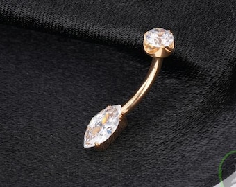 14g Titanium Gold ASTM F136 Marquise White CZ Gem Implant Grade Internal Threads Top Prong Set Belly Button Navel Piercing Ring
