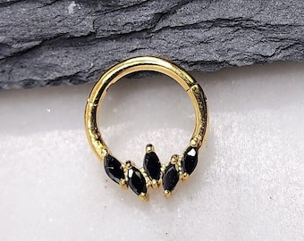 16g Black Marquise CZ Gold PVD Plated Hinged Segment Clicker Piercing Jewelry Ring Hoop Septum Daith Helix Cartilage 316L Surgical Steel