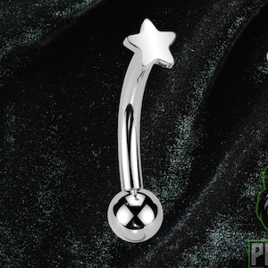以下が含まれることがあります： 星型のトップとボール型のボトムが付いた、シルバーカラーのカーブしたバーベルボディピアスジュエリー。別の小さなバーベルも表示されています。背景は濃い緑色のテクスチャードファブリックです。Piercing Pandaのロゴが右下にあります。