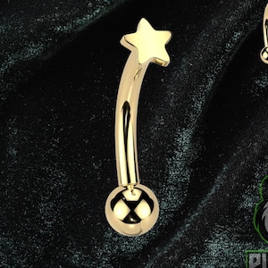May include: Gold-colored curved eyebrow piercing jewelry. One piece features a star at the top and a ball at the bottom. The other piece is a curved barbell with a ball at the end. The background is a dark green velvet.