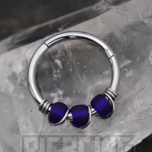 18g 20g 8mm 10mm Sapphire Blue Bead Glass Hinged Cut Ring Beaded Wire Wrapped Handmade Segment Hoop Rings Nose Earring Lobe Piercing 5/16"