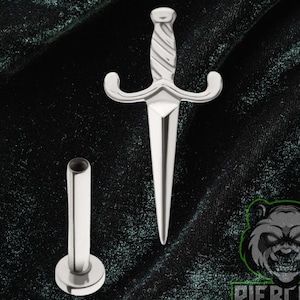 16g ASTM F136 Grade 23 Titanium Internal Thread Large Detailed Dagger Sword Tragus Helix Conch Cartilage Earring Labret Barbell Flat Back
