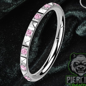 16g Titanium PINK CZ Gems Side Mini Pyramid Stud Hinged Segment Septum Helix Piercing Cartilage Daith Hoop Ring